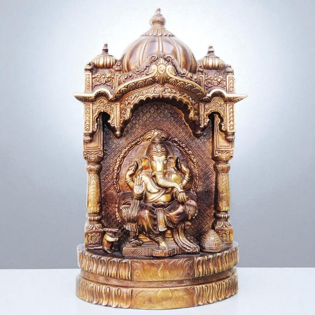 Brass Showpiece Ganesh Ji With Temple God Idol Statue - 9.8*3.6*16.5 Inch (BS678)