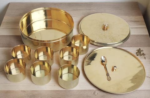 Handcrafted Brass Spice Box Masala Box Set With Spoon [9 inch, 7 Containers, 180 ML] (Z585 C)