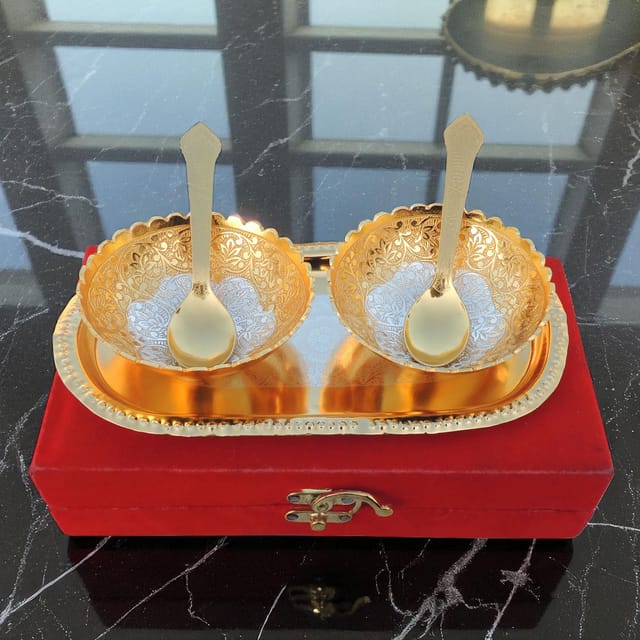 Decorative Aluminium 2 Bowl Set With Velvet Box -3.5*3.5*1.5 Inch (AT033 B)