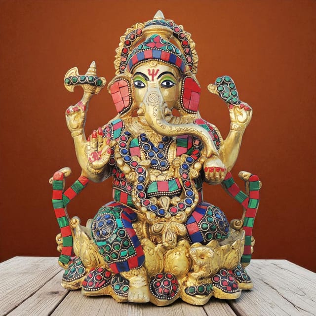 Brass Showpiece Ganesh Stone God Idol Statue - 7.5*6.5*9.5 Inch (BS1630 D)