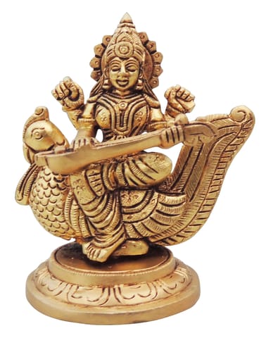 Brass Showpiece Saraswati On Peacock  God Idol Statue - 4*2.7*4.5 Inch (BS1637 S)