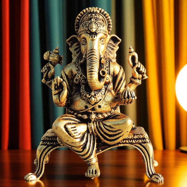 Brass Showpiece Ganesh On Chowki God Idol Statue, Made From Machine - 2.6*1.2*3.2 Inch (BS1699 G)