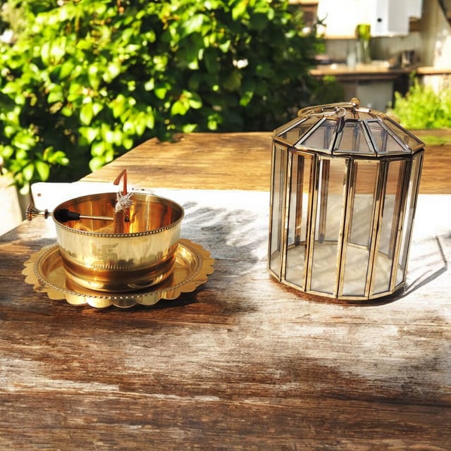 Brass & Glass Akhand Deepak - 7*7*6.5 Inch (Z620 E)
