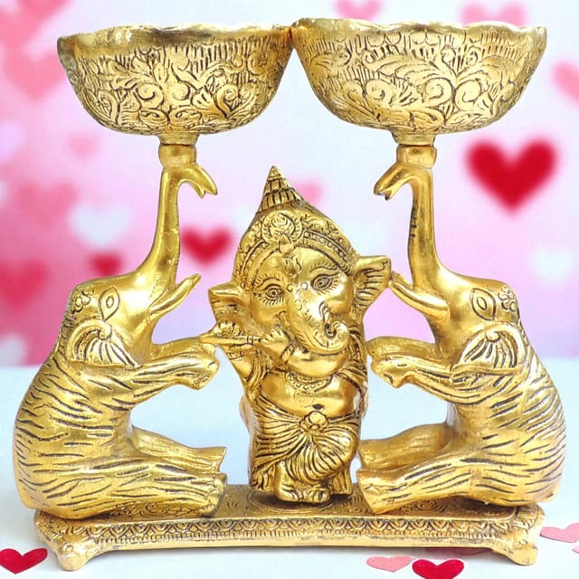 Aluminium Showpiece Double Bowl With Ganesh & Elephant - 9*4*8.5 Inch (AS509 G)