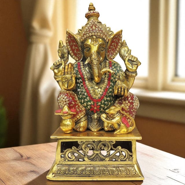 Aluminium Showpiece Ganesh On Chowki - 9.5*9.5*18 Inch (AS491 G)