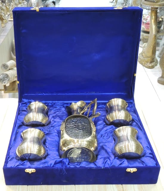 Brass Showpiece Antique Jug With 4 Glass Diwali Gifting Item - 4*3.5*9.5 Inch (B309 B)