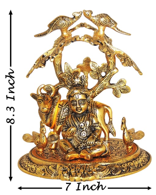 Aluminium Showpiece Laddu Gopal Tree Cow Statue - 7*7*8.3 Inch (AS452 G)