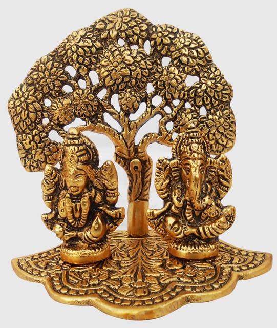 Showpiece Aluminium Laxmi Ganesh With Tree - 4.9*3.3*4.7 inch (AS345 G)