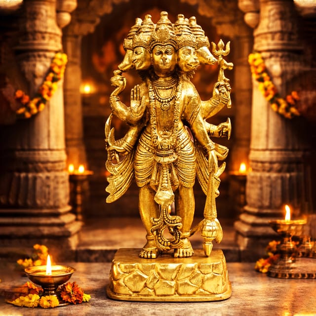 Brass Showpiece Standing Panchmukhi Hanuman Ji God Idol Statue - 7.5*5*18 Inch (BS1039 P)