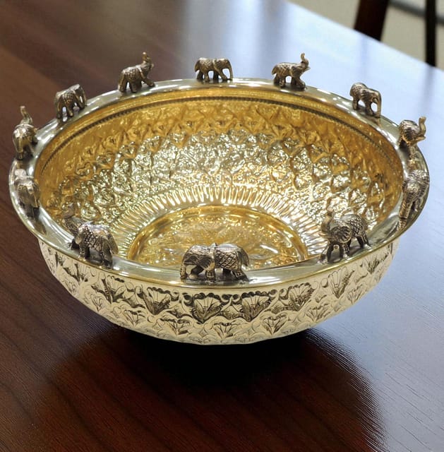 Brass Decorative Antique Elephant Urli, Diwali Gifting Item - 12*12*6 Inch (AT072 E)