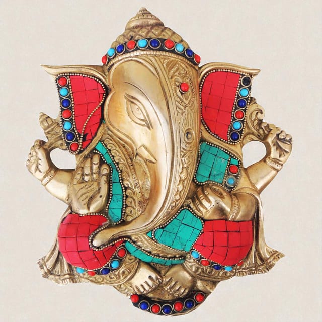 Brass Wall Hanging Showpiece Ganesh With Stone Finish - 8.8 Inch (BS794 B)