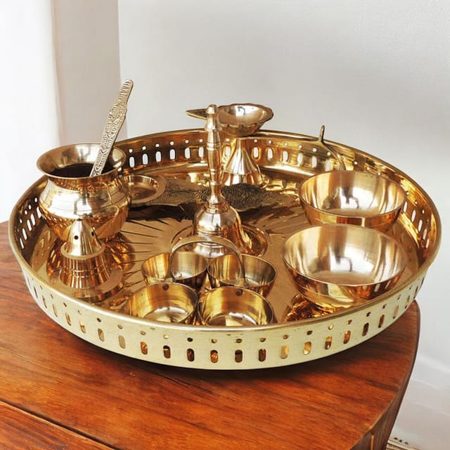Brass Puja Thali Set With Multiple Items - 9.8*9.8*1.4 inch (Z476 C)