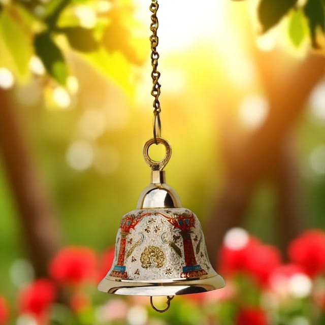 Brass Hanging Temple Pooja Bell, Bell White Color - 7*7*8.5 inch (F511 A)