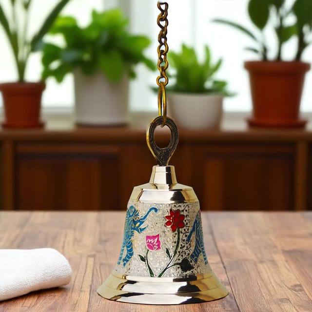 Brass Hanging Temple Pooja Bell, Bell White Color - 5.5*5.5*7 inch (F513 C)