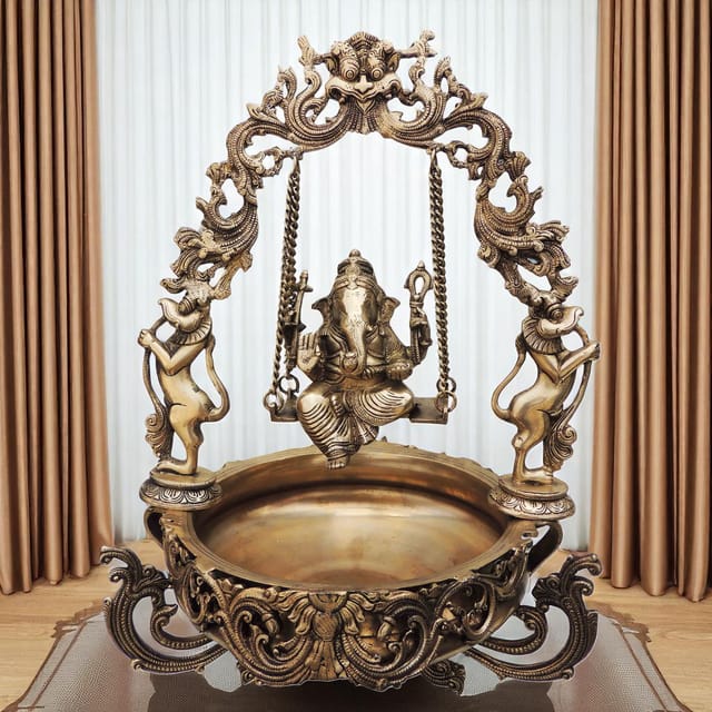 Brass Made Lord Ganesha On swing figure Home/Event Decor Urli - 15.5*14.7*21.5 inch (BS012 G)