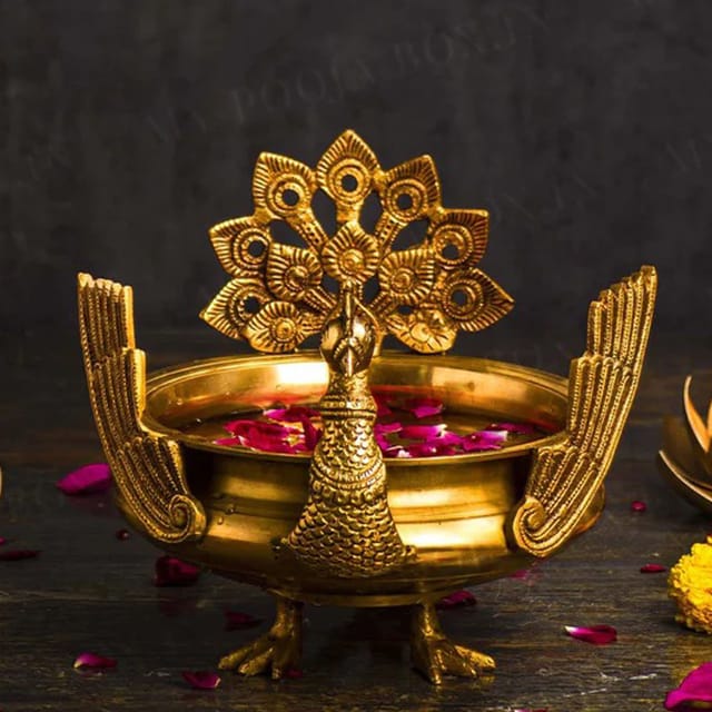 Festive Decoration Brass Home Decor Hand Carved Peacock More Design Urli/Pot - 8*9*8.5 inch (BS1156 A)