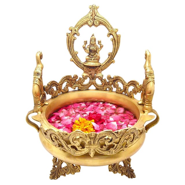 Flower pot with Goddess Lakshmi Idol gold Brass Hand Carved Urli - 8*9*12 inch (BS1144 A)