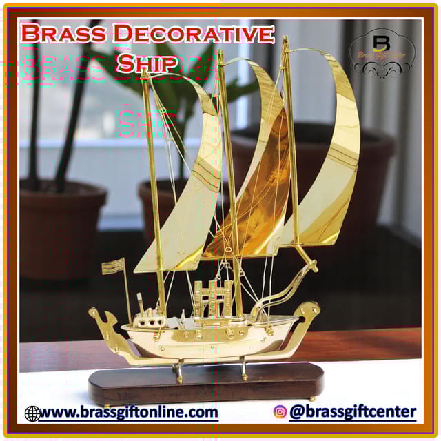 Brass Table Decor Showpiece Ship With Wooden Base - 13.5*3*19 inch (MR129 C)