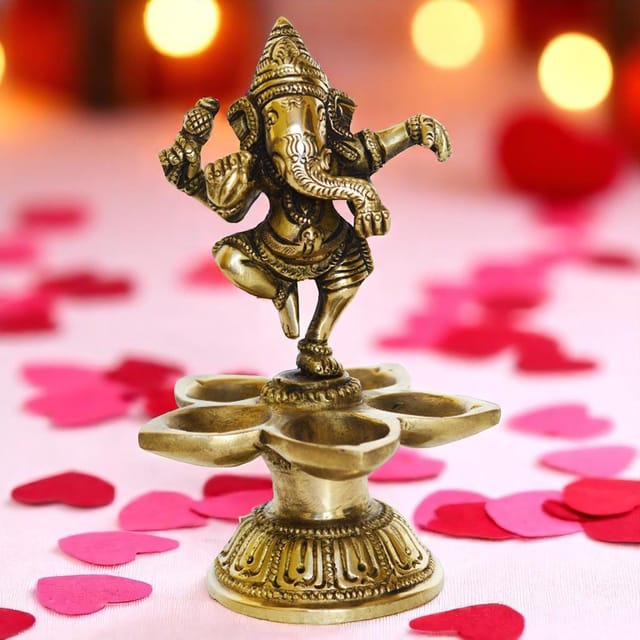 Brass Lord Dancing Ganesh Oil Lmap Deepak 5  Wicks  - 4*4*6 inch (BS1192 A)
