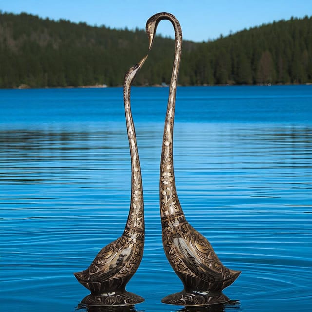 Brass Showpiece Duck Pair Statue, Medium- 17.5*4.3*30.7 inch (AN219 C)