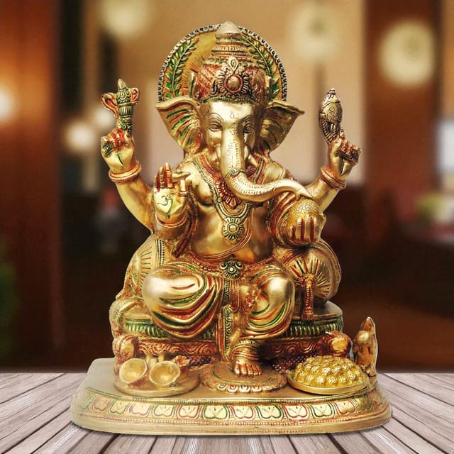 Brass Showpiece Ganesh Ji With Colour God Idol Statue - 10.5*7.2*12.8 inch (BS475)