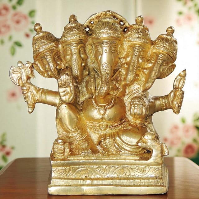 Brass Showpiece Panchmukhi Ganesh Ji God Idol Statue - 3*2*4.5 inch (BS1043 G)