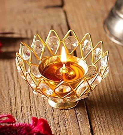 Brass Table Decor Oil Lamp Deepak With Crystal - 3.6*3.6*2.1 inch (Z139 C)