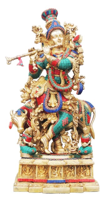 Brass Cow krishna Big stone Idol-13.5*11.8*28.5 (BS300 B)
