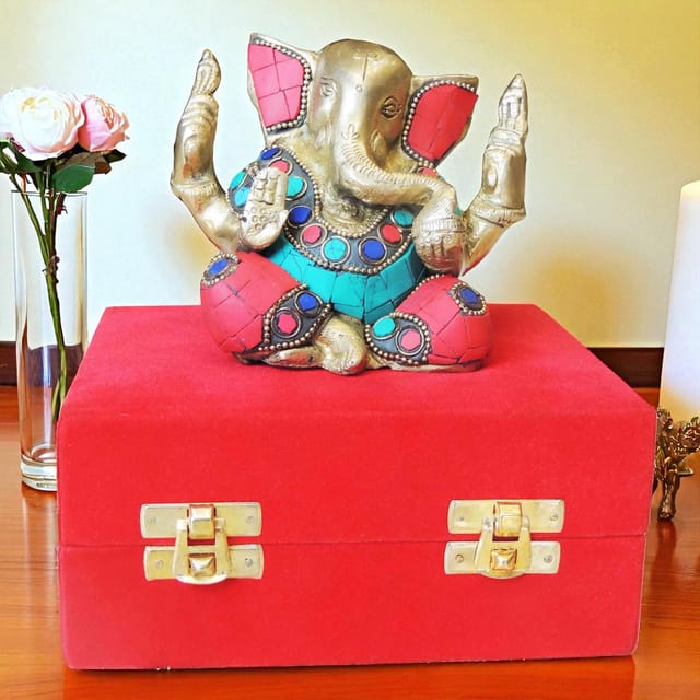 Brass Showpiece Ganesh Ji Stone Statue With Valvet Box - 4.5*2.5*4.5 Inch (BS887 A)
