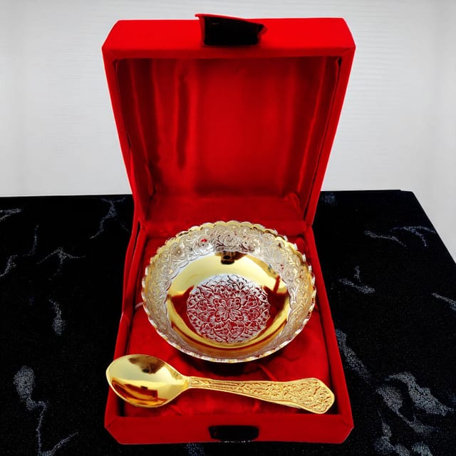 Brass Decorative Bowl Do Patti 2 Tone With Spoon (B137)