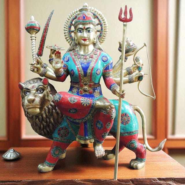 Brass Showpiece Durga Ji Stone Finish with Lacquer God Idol Statue - 32*13.5*35 Inch  (BS1500 A)