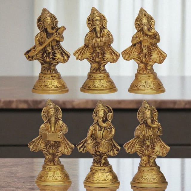 Brass Showpiece Musical Ganesh 6 pcs set God Idol Statue-3*2.5*6 Inch (BS1368 D)