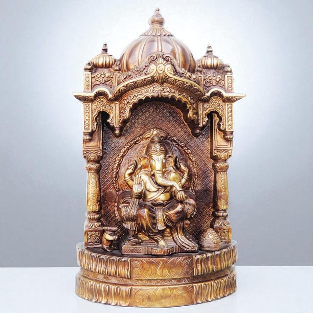 Brass Showpiece Ganesh Ji With Temple God Idol Statue - 9.8*3.6*16.5 Inch (BS678)