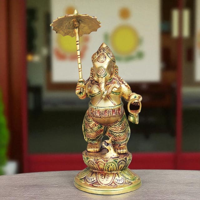 Brass Showpiece Ganesh With Umbrella God Idol Statue - 4.6*4.6*11.5 Inch (BS1462 C)