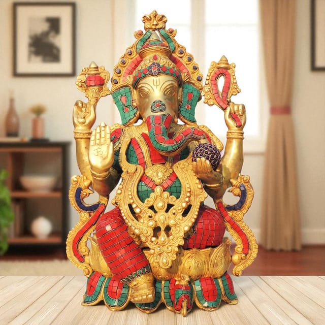 Brass Showpiece Ganesh ji With Stone Work Statue - 13*9.5*20.5 Inch ( BS1138 C )