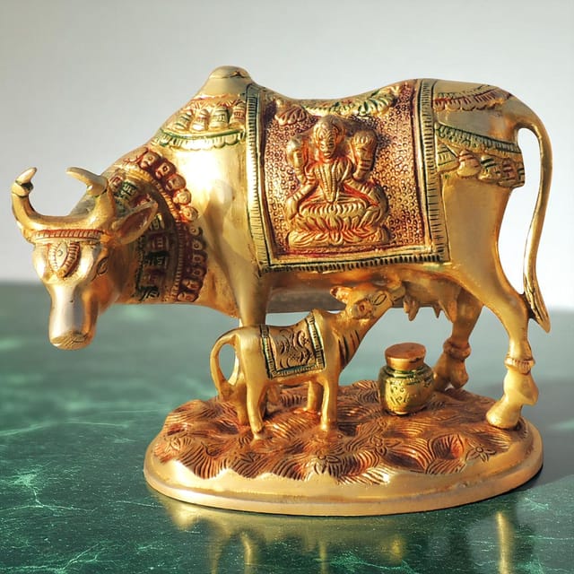 Brass Showpiece Cow With Calf Statue - 8.2*4*6.5 Inch (BS1012 C)