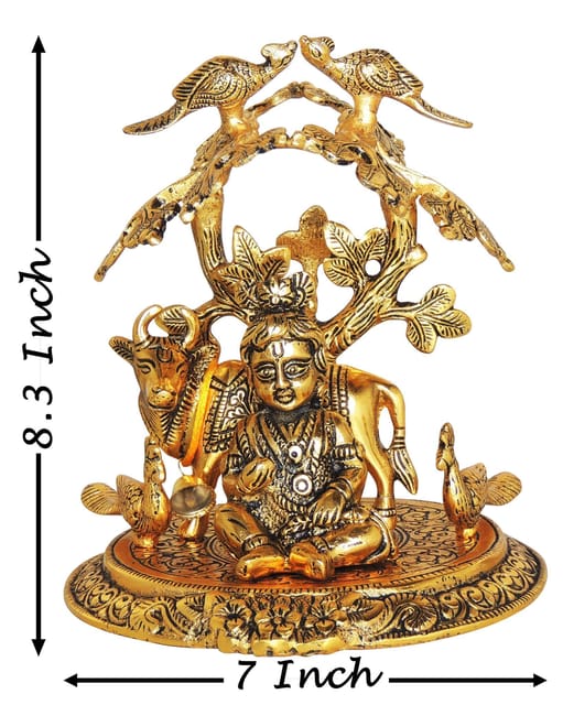 Aluminium Showpiece Laddu Gopal Tree Cow Statue - 7*7*8.3 Inch (AS452 G)