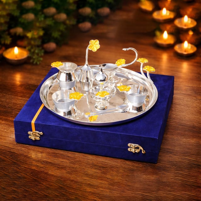 Brass and Steel Puja Thali Set  With Valvet Box  (B298 D)