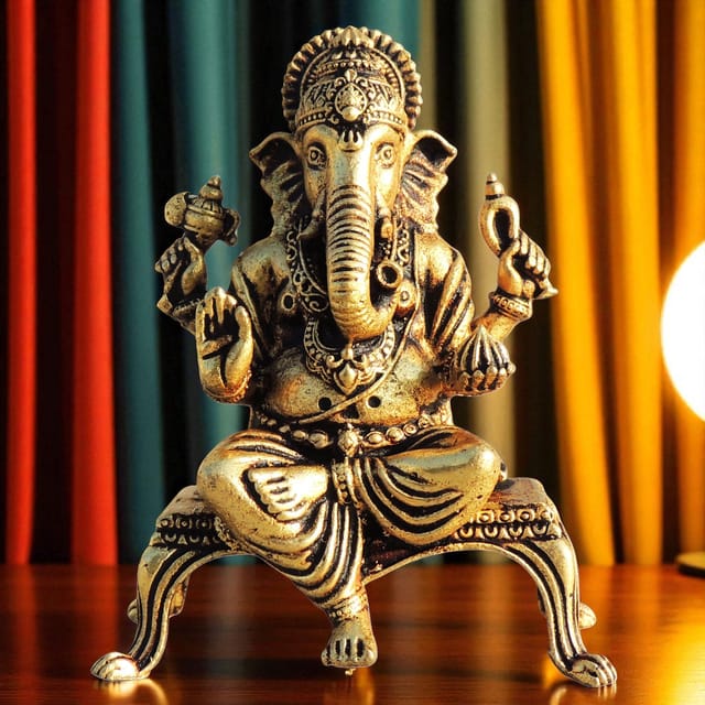 Brass Showpiece Ganesh On Chowki God Idol Statue, Made From Machine - 2.6*1.2*3.2 Inch (BS1699 G)