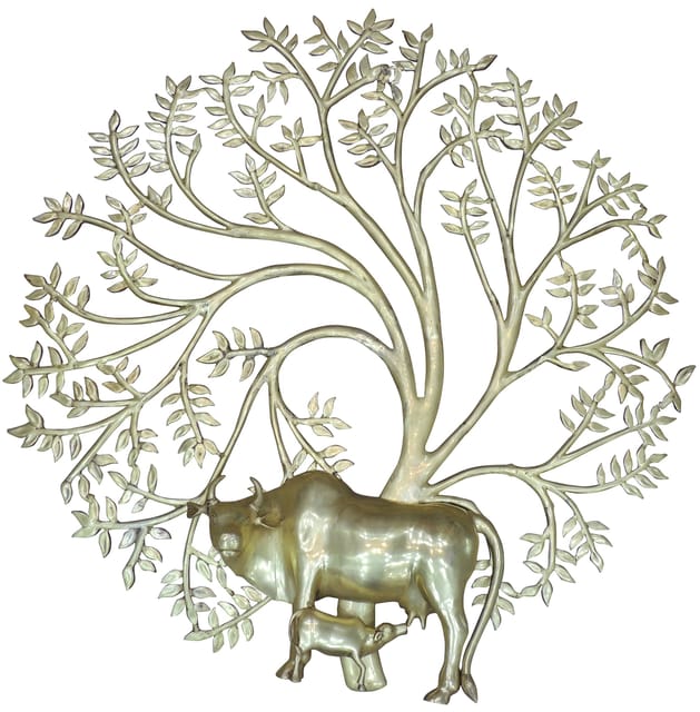 Brass Wall Hanging Showpiece Kalpavriksha Tree Statue With Cow - 41.5*7*44 Inch (BS1650 E)