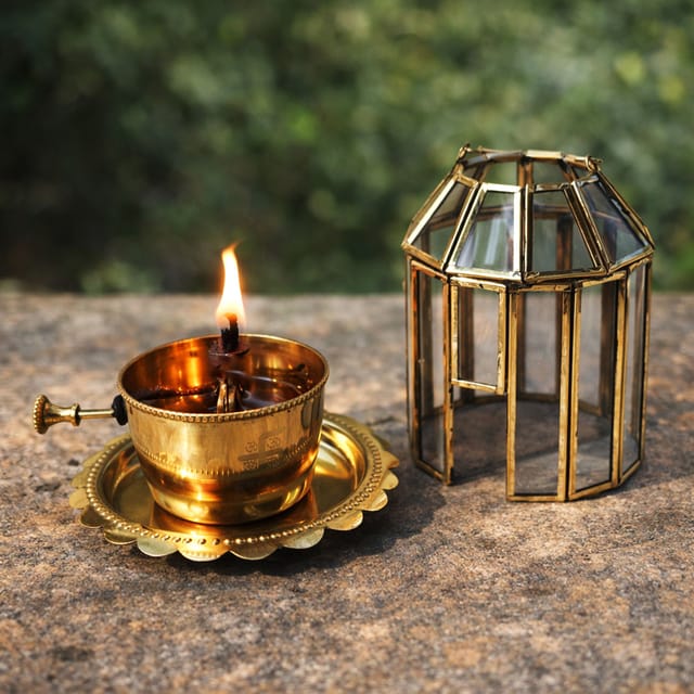 Brass & Glass Akhand Deepak - 5.5*5.5*5.5 Inch (Z620 D)