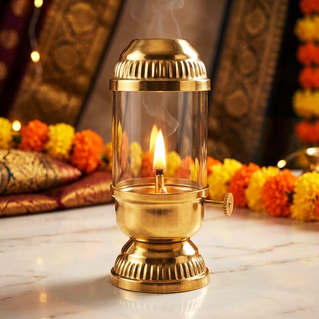 Brass & Glass Deepak With Chimney - 5*4*9 Inch (Z647 C)