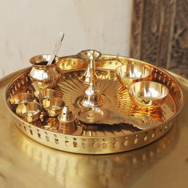 Brass Puja Thali Set With Multiple Items - 11*11*1.4 inch (Z476 D)