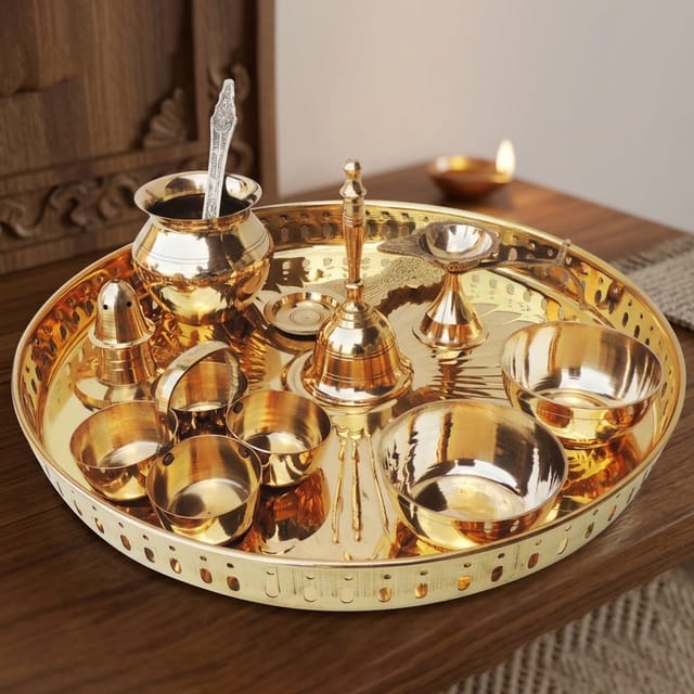 Brass Puja Thali Set With Multiple Items - 12*12*1.3 inch (Z476 E)