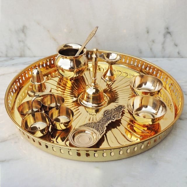 Brass Puja Thali Set With Multiple Items - 13.2*13.2*1.6 inch (Z476 F)