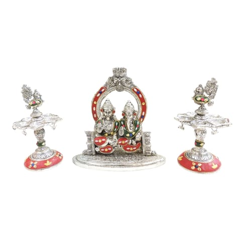 Aluminium Showpiece Laxmi Ganesh Mehrav  Gift Set - 4*4*7.5 Inch (AS527 G)