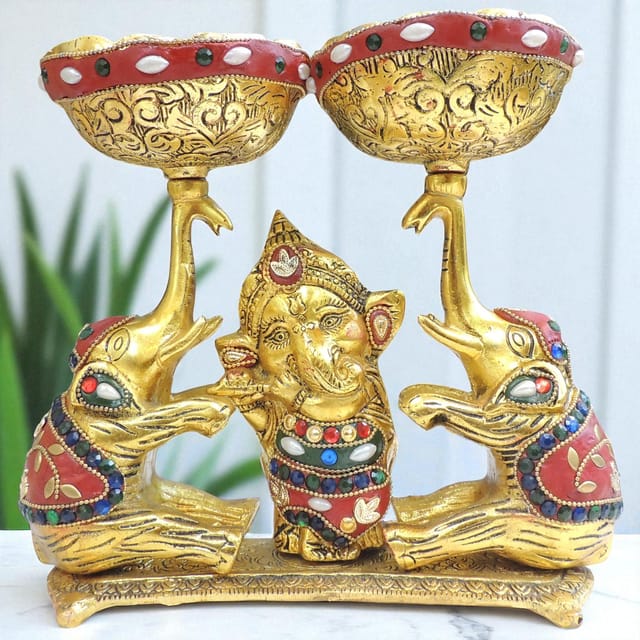 Aluminium Showpiece Double Bowl With Ganesh & Elephant - 9*4*8.5 Inch (AS509 X)