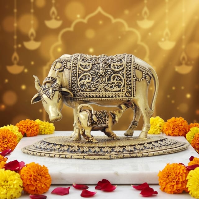 Brass Showpiece Gaye Bachadha Statue, Made From Machine- 5.7*3.6*3.5 Inch (BS1727 F)