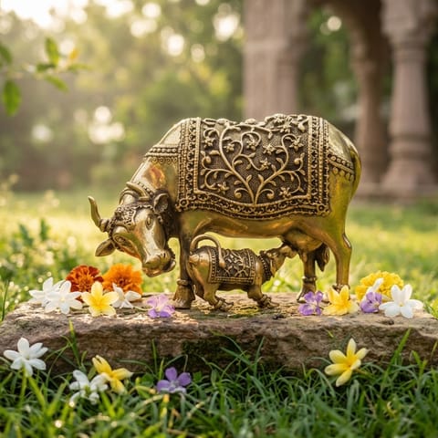 Brass Showpiece Cow With Calf God Idol Statue - 3*2*4 Inch (BS1771 B)