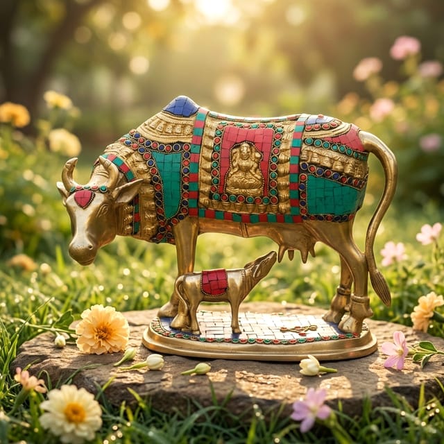 Brass Showpiece Cow with Calf Stone Statue - 14*8*10 inch (BS804 A)